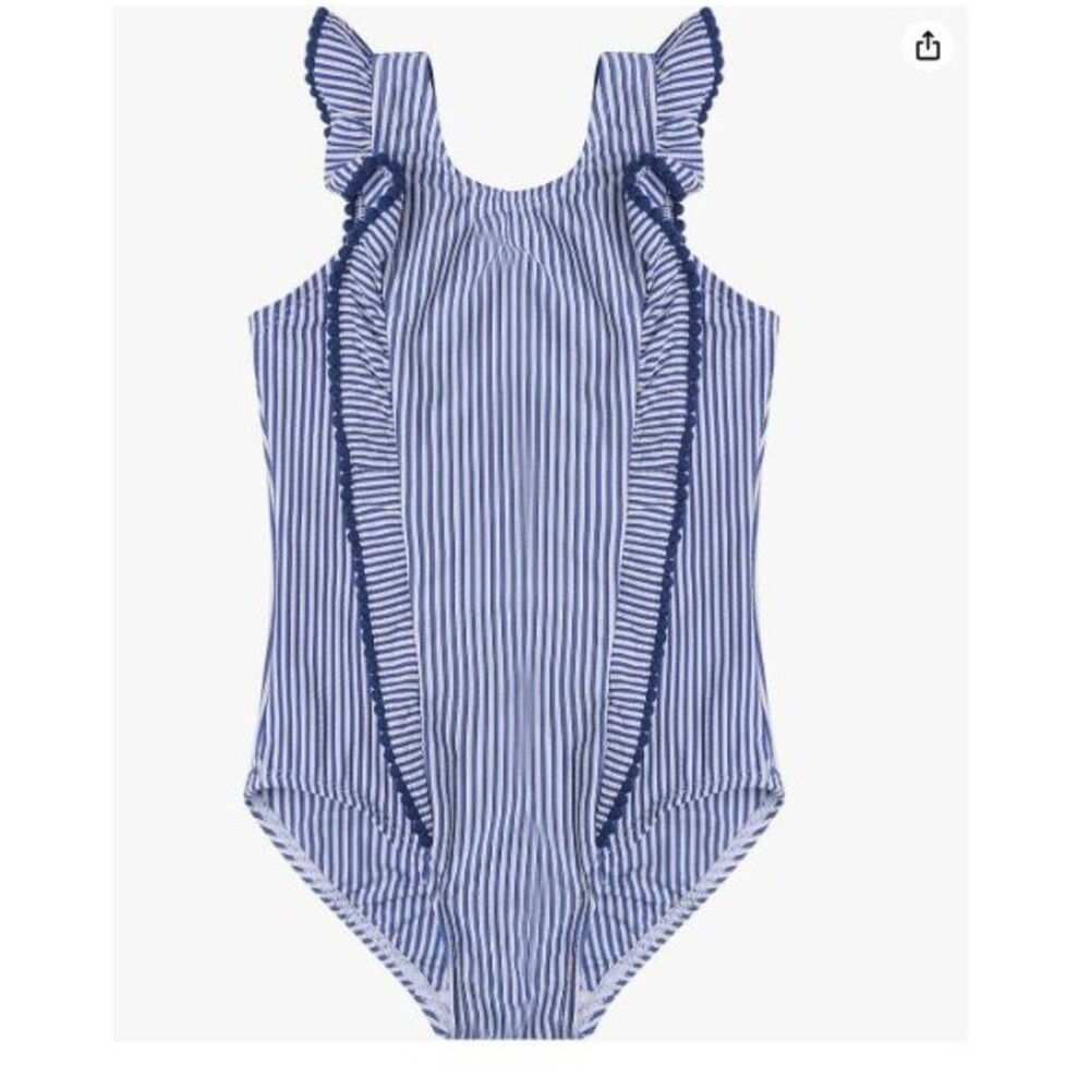 One Piece Swimsuit For Girls (8-9) Years UPF 50+ Scalloped Ruffle Blue Stripe